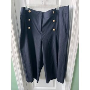Lane Bryant Womens Pants Black Pin Stripe Wide Leg Crop Sailor Gold Button 26R